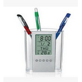 Desk pen pencil holder with clock